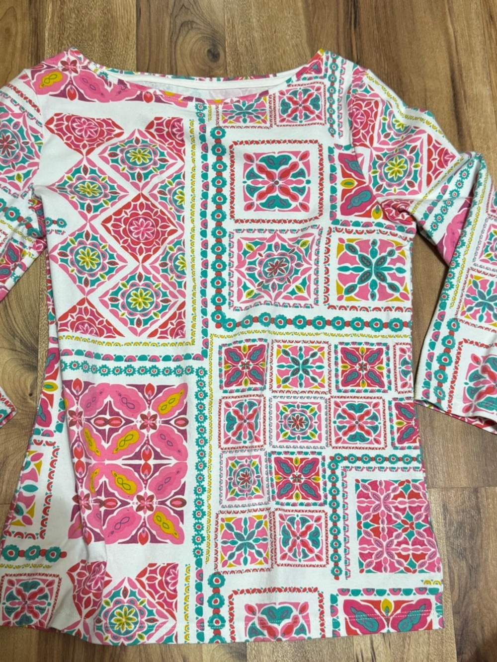 Talbots Pink and Teal Geometric Boatneck Long Sleeve Top
